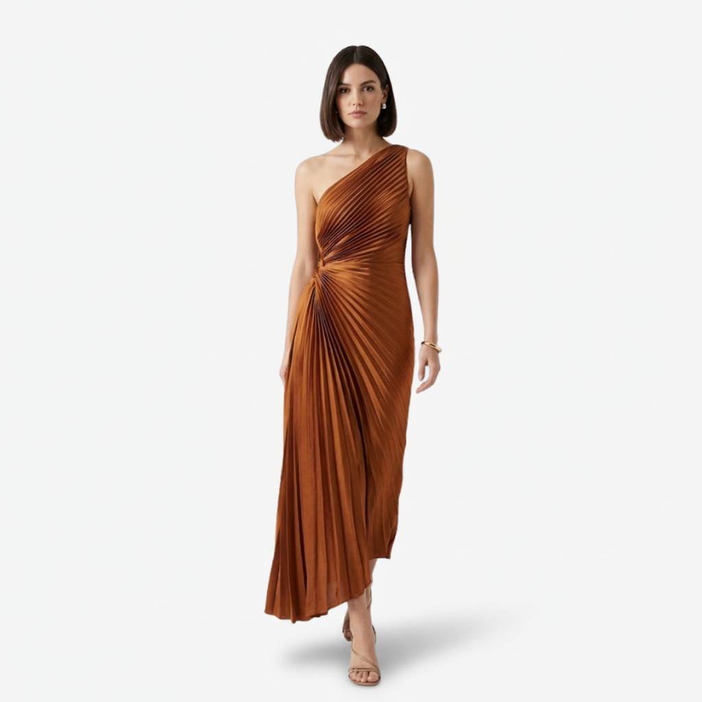 NOMU | Women's One-Shoulder Pleated Midi Dress – Elegant Asymmetrical Evening Dress