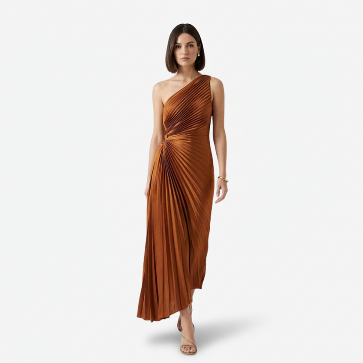 NOMU | Women's One-Shoulder Pleated Midi Dress – Elegant Asymmetrical Evening Dress