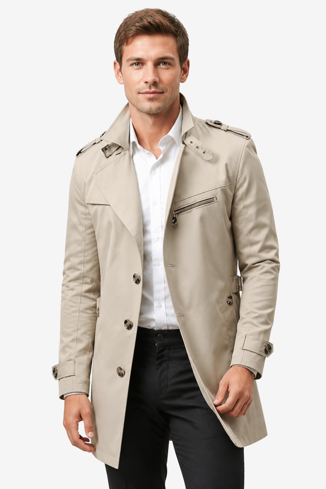 NOMU | Men's Belted Trench Coat – Double-Breasted Front with Adjustable Waist Belt