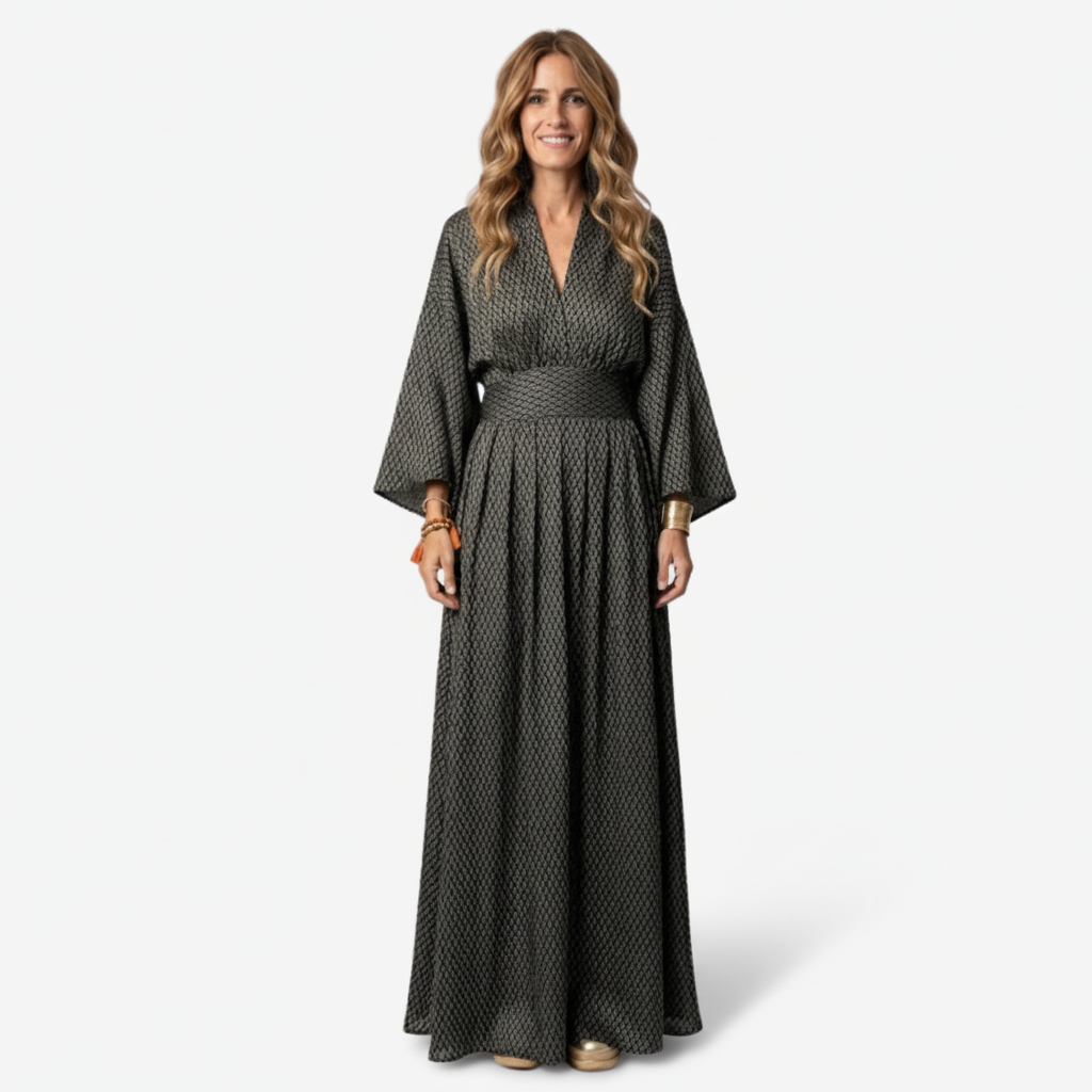 NOMU | Women's Printed Empire Waist Maxi Dress – Elegant Long Sleeve Boho Dress