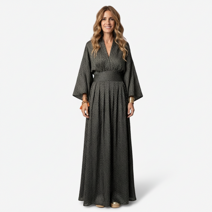 NOMU | Women's Printed Empire Waist Maxi Dress – Elegant Long Sleeve Boho Dress