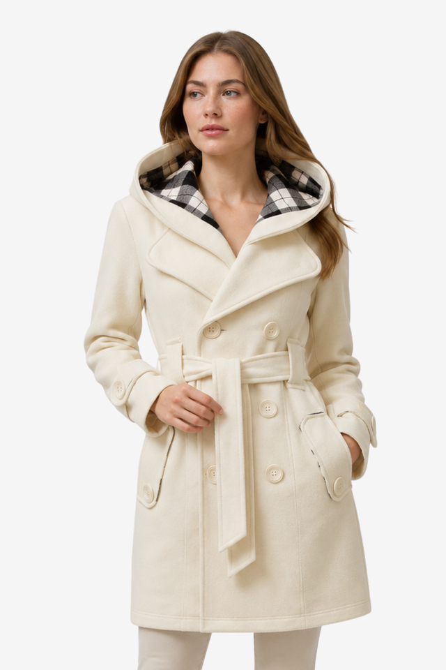 NOMU | Women's Hooded Trench Coat – Double Breasted Belted Design