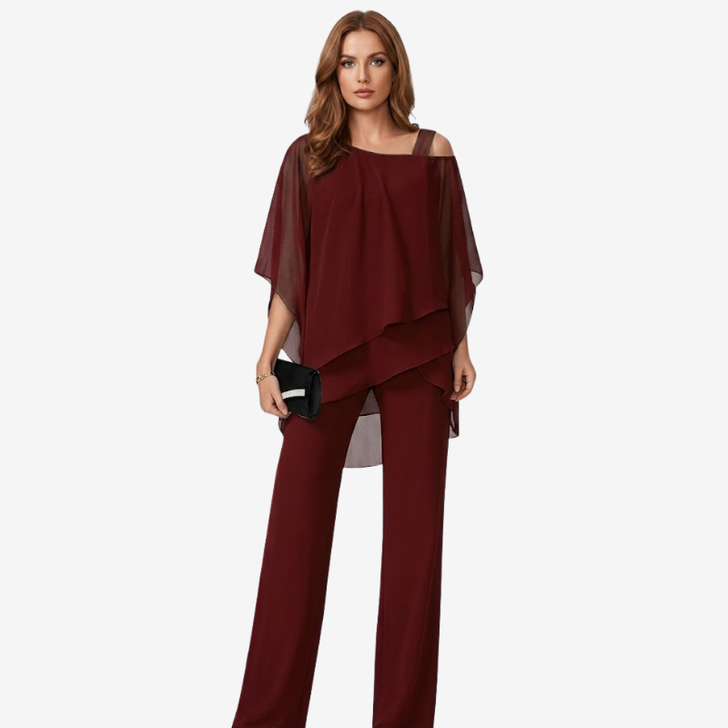NOMU | Women's Elegant Chiffon Overlay Pant Set – Flowing Evening Two-Piece Outfit