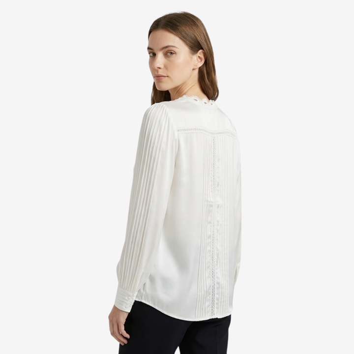 NOMU | Women's Lace Trim Pleated Blouse – Elegant V-Neck Long Sleeve Top