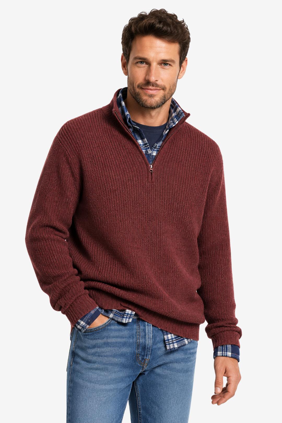 NOMU | Men's Quarter Zip Sweater – Ribbed Knit Stand Collar Long Sleeve Design