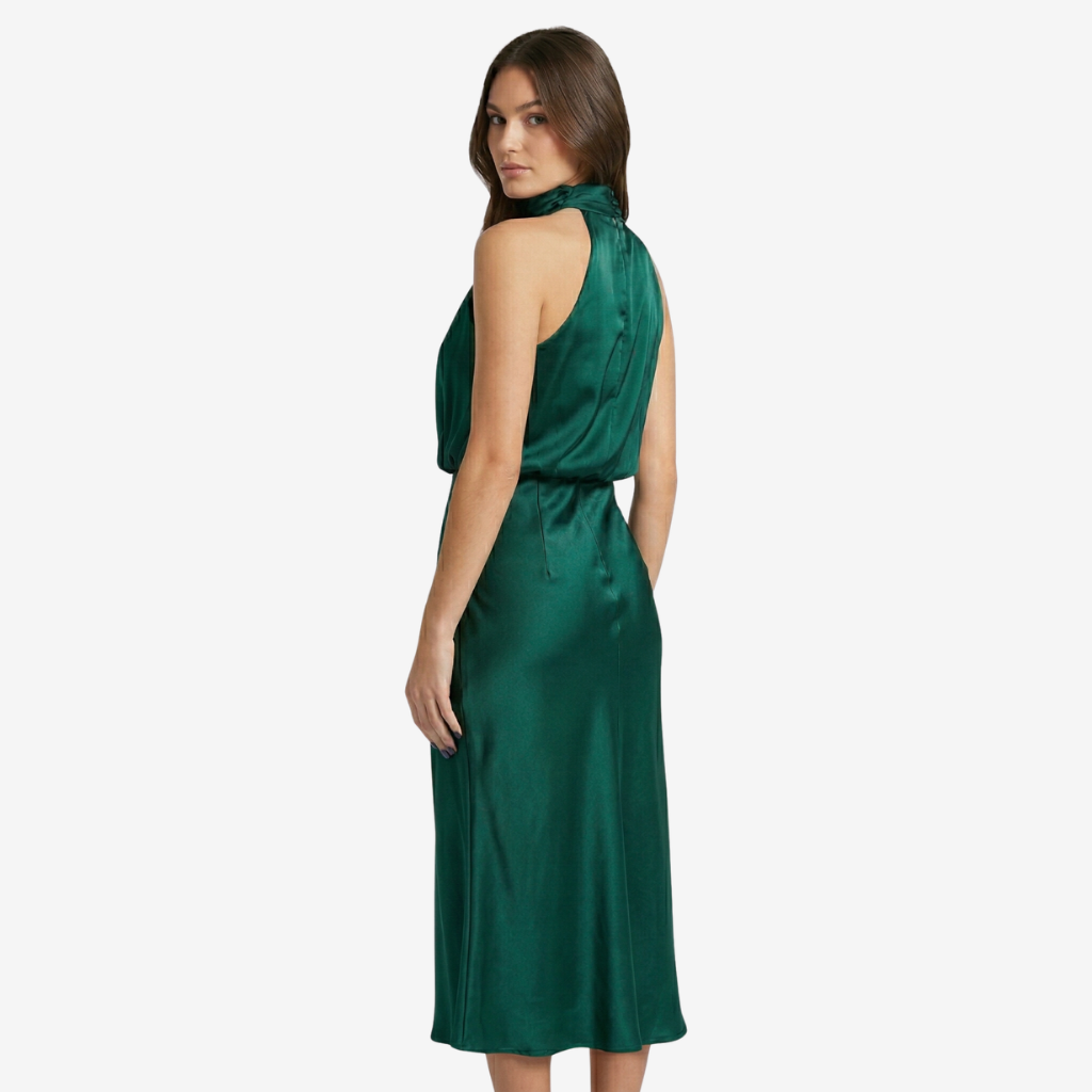 NOMU | Women's Satin High Neck Midi Dress – Elegant Sleeveless Evening Slip Dress