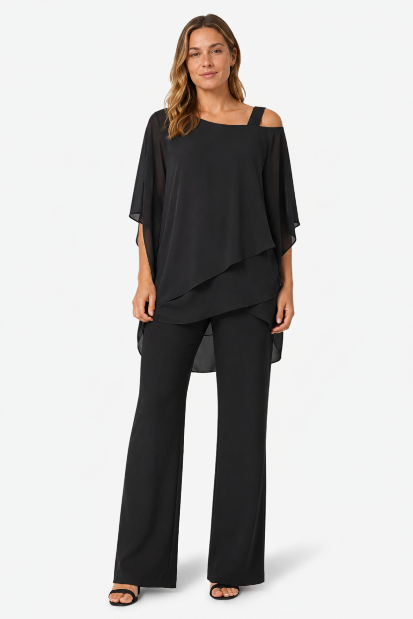 NOMU | Women's Two Piece Set – Asymmetric Layered Top Wide Leg Trousers Design