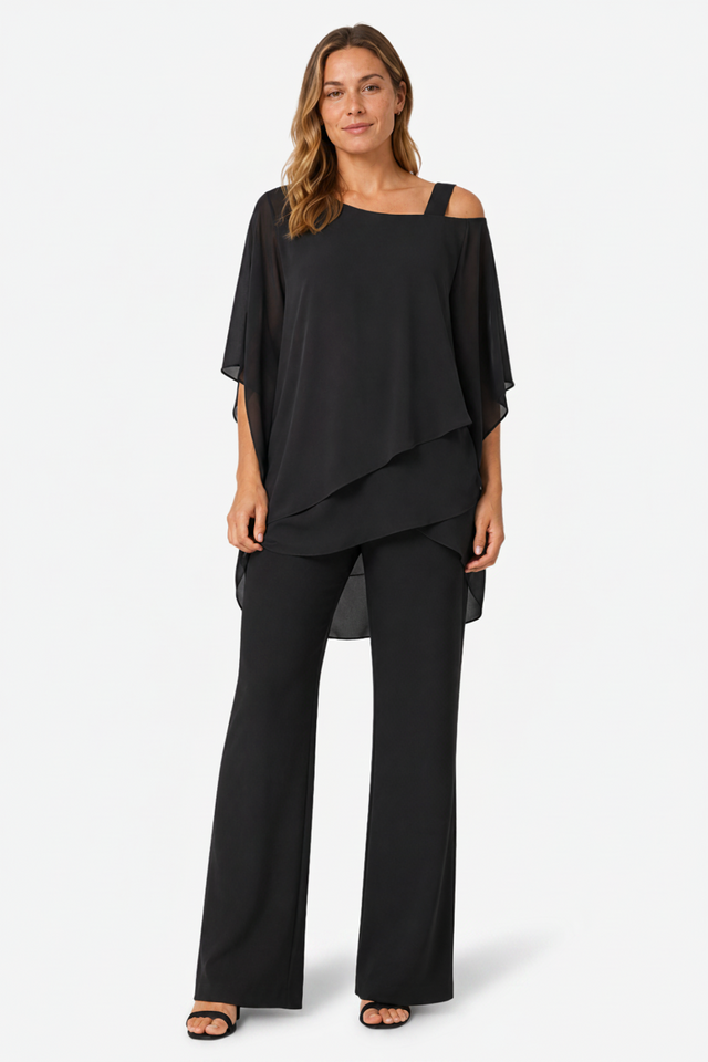 NOMU | Women's Two Piece Set – Asymmetric Layered Top Wide Leg Trousers Design