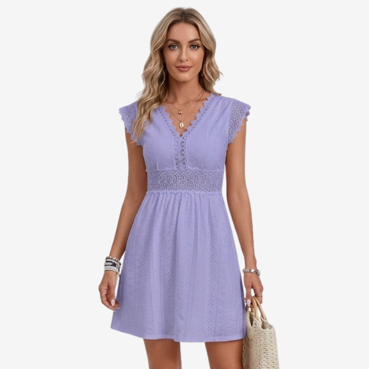 NOMU | Women's Lace Trim Eyelet Mini Dress – Elegant Sleeveless Summer Dress
