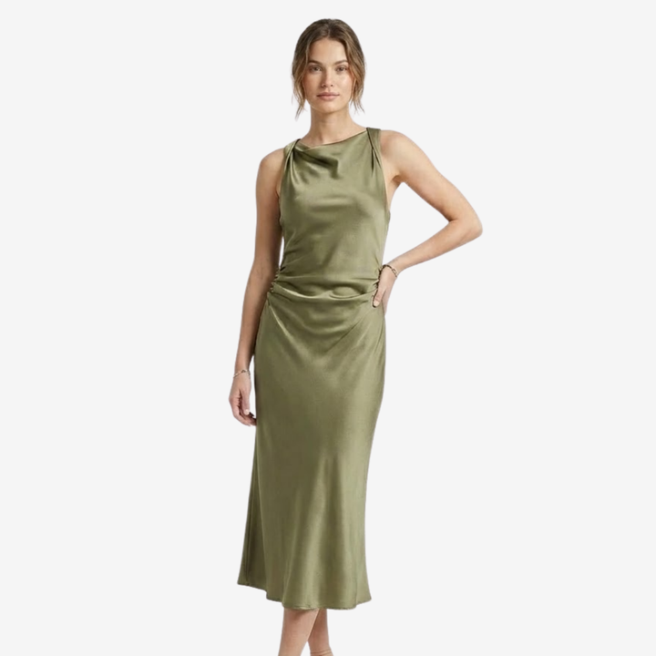 NOMU | Women's Satin Sleeveless Midi Dress – Elegant Draped Evening Slip Dress