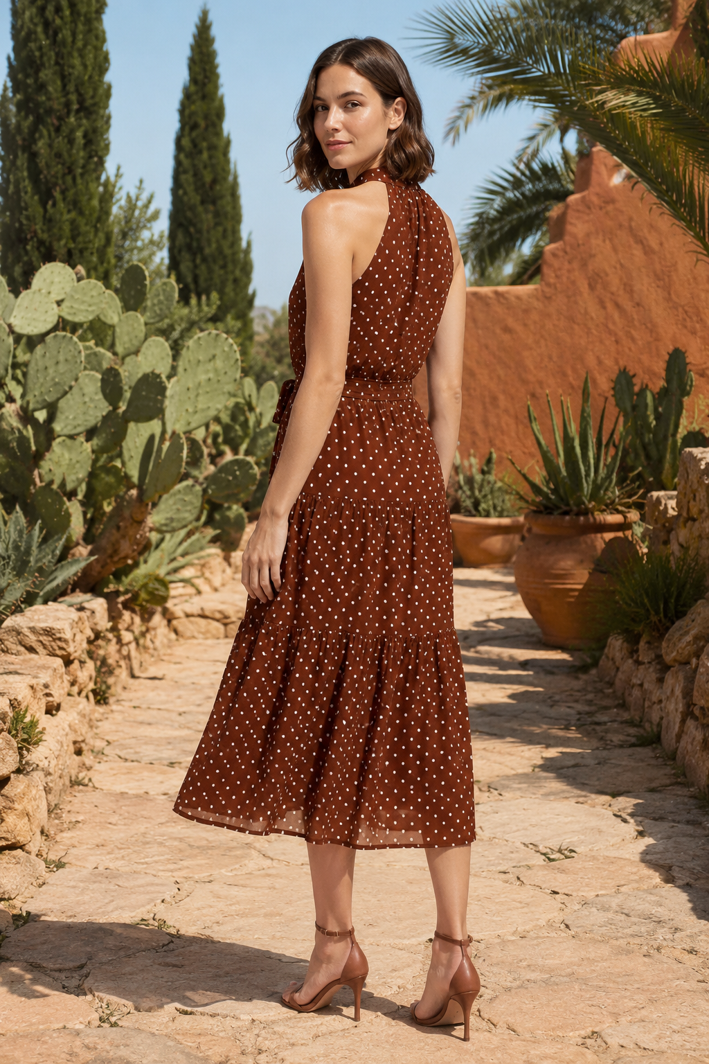 NOMU | Women's Polka Dot Halter Midi Dress – Elegant Sleeveless Tie Waist Dress