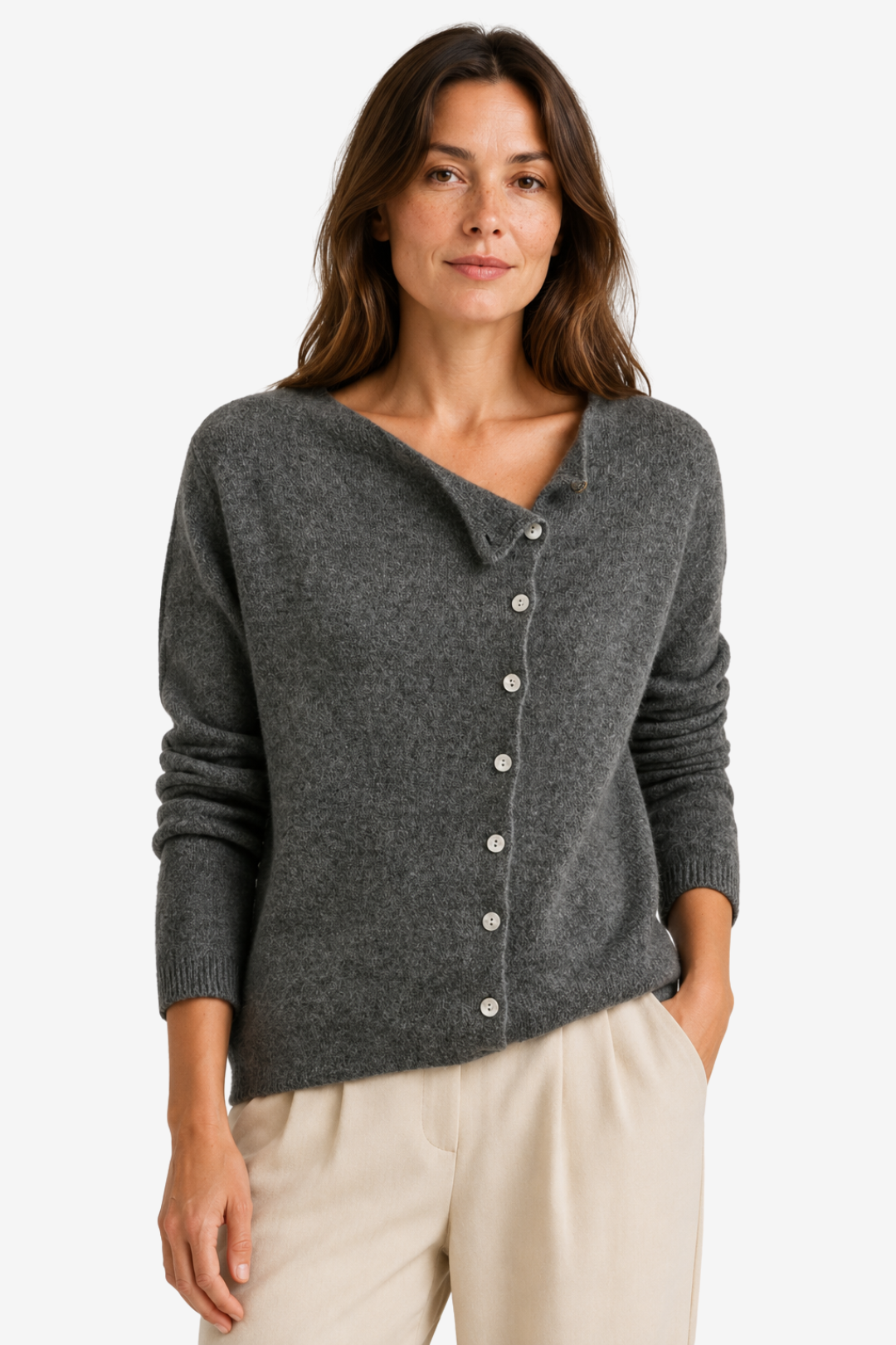 NOMU | Women's Button Front Cardigan – Asymmetric Neckline Relaxed Knit Design