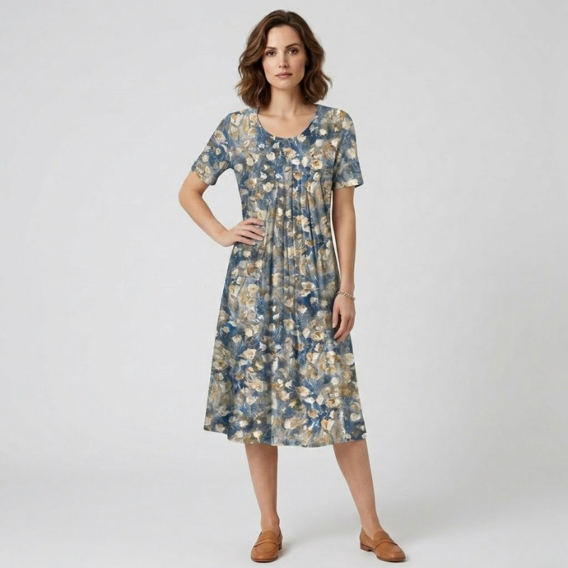 NOMU | Women's Floral Print Midi Dress – Short Sleeve Relaxed Fit