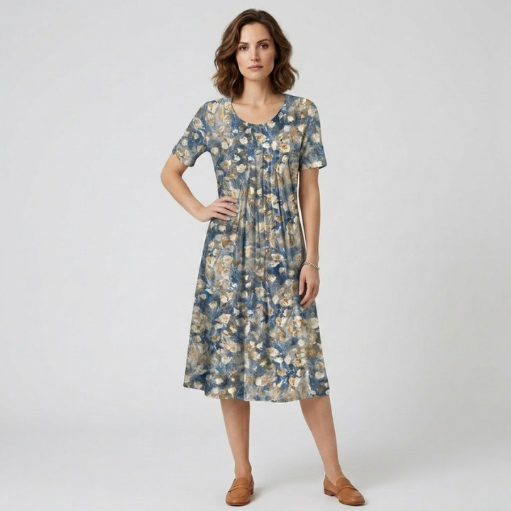 NOMU | Women's Floral Print Midi Dress – Short Sleeve Relaxed Fit