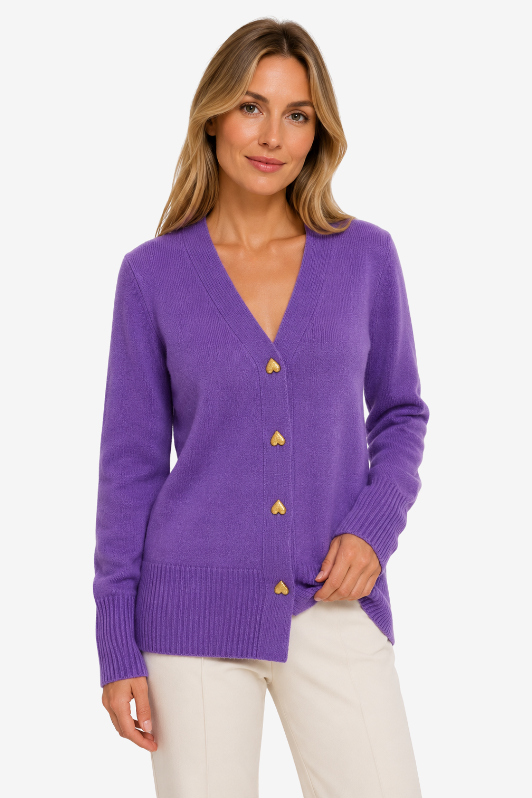 NOMU | Women's V-Neck Knit Cardigan – Heart Button Front Relaxed Design