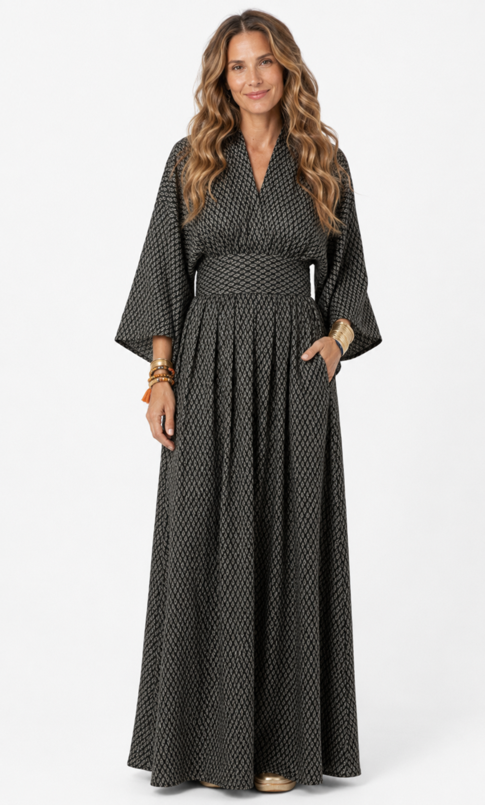 NOMU | Women's Printed Empire Waist Maxi Dress – Elegant Long Sleeve Boho Dress