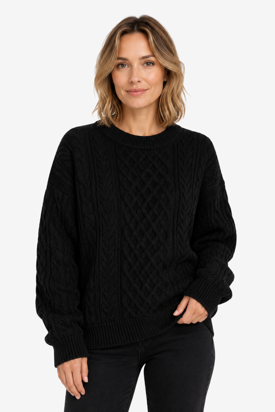 NOMU | Women's Cable Knit Sweater – Textured Crew Neck Relaxed Design