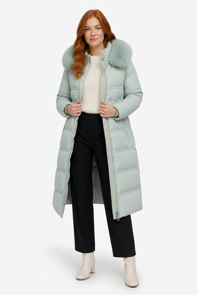 NOMU | Women's Long Puffer Coat – Fitted Waist with Fur Trim Hood