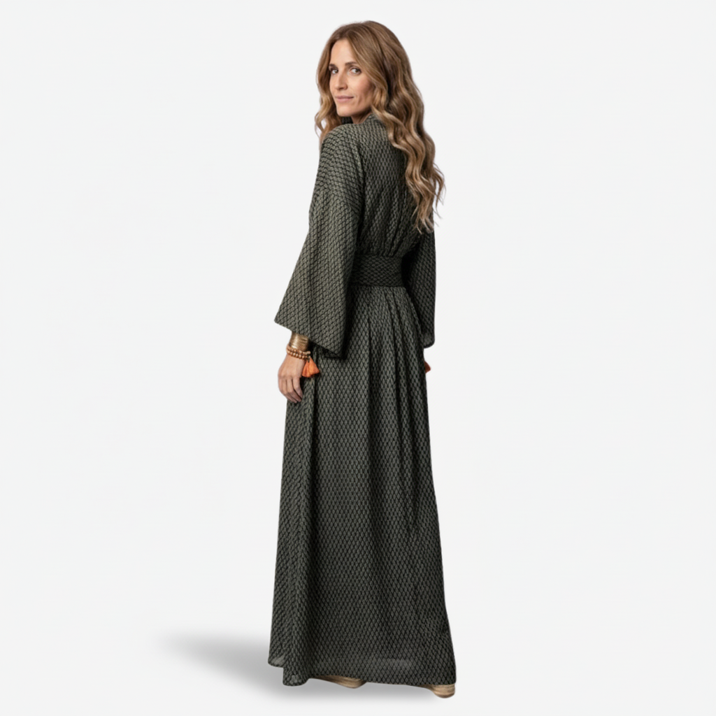 NOMU | Women's Printed Empire Waist Maxi Dress – Elegant Long Sleeve Boho Dress