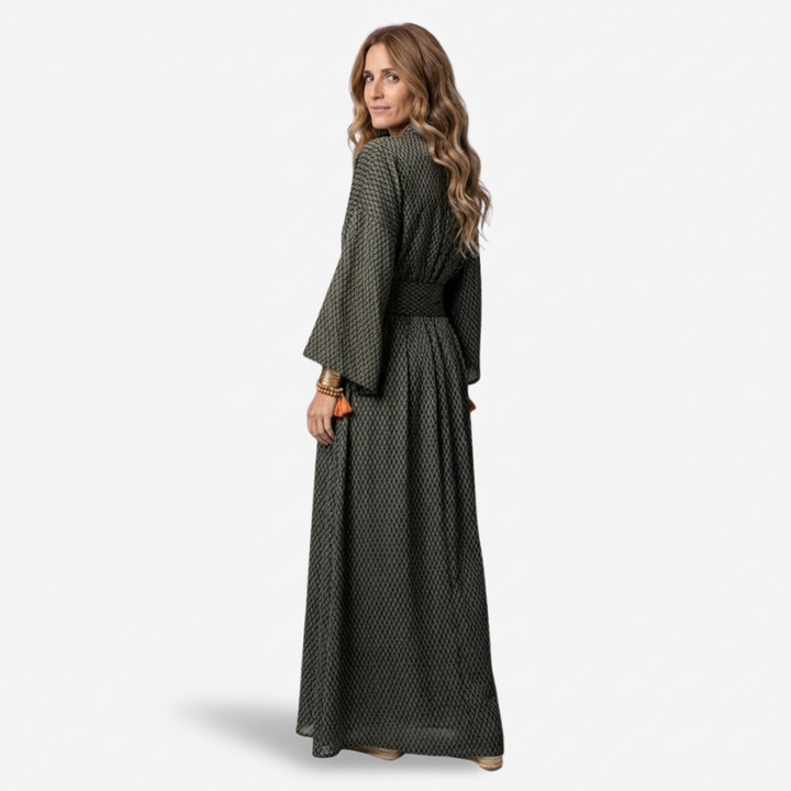 NOMU | Women's Printed Empire Waist Maxi Dress – Elegant Long Sleeve Boho Dress