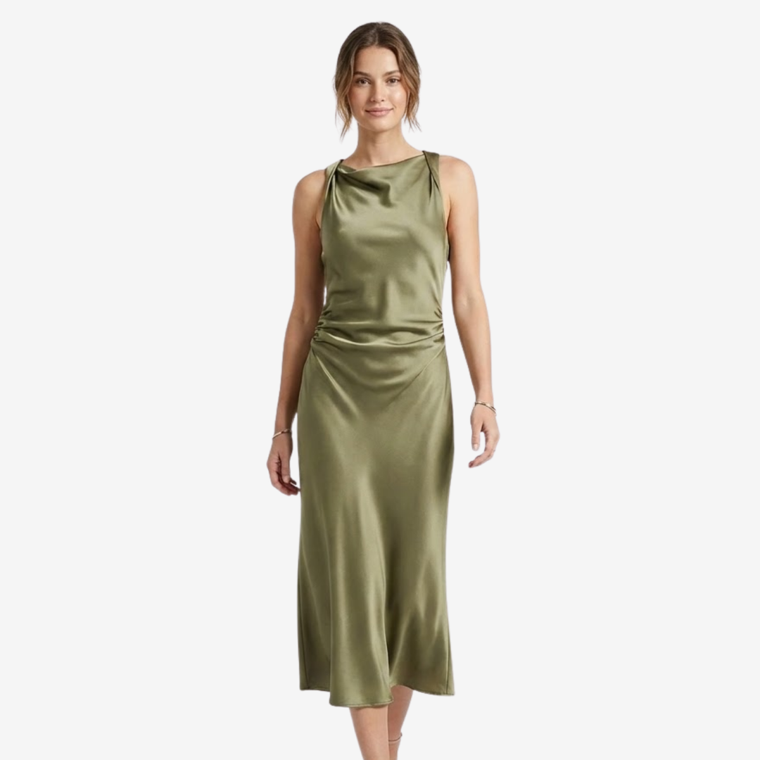 NOMU | Women's Satin Sleeveless Midi Dress – Elegant Draped Evening Slip Dress