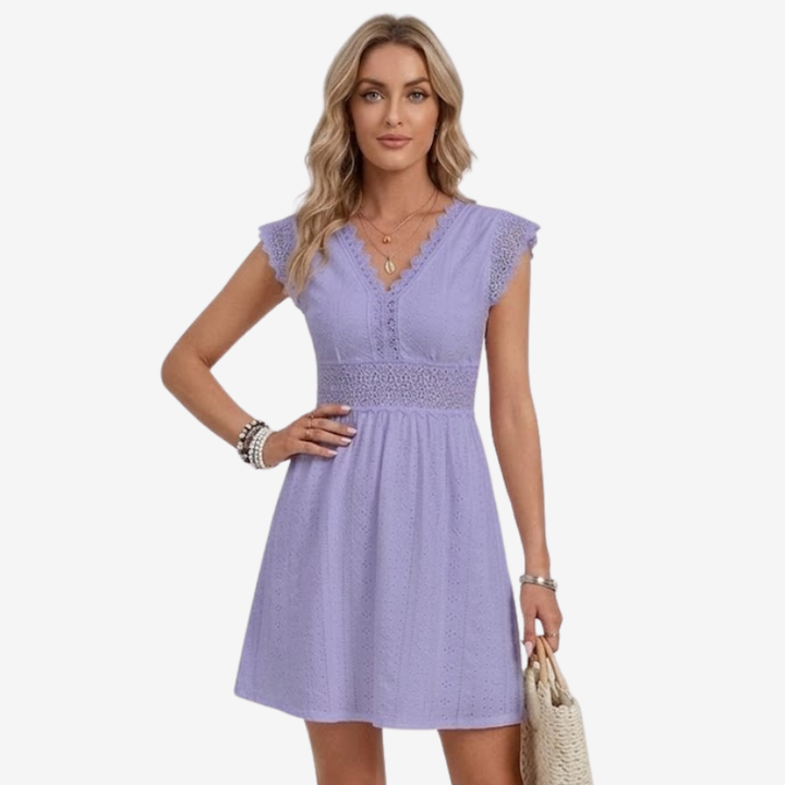 NOMU | Women's Lace Trim Eyelet Mini Dress – Elegant Sleeveless Summer Dress