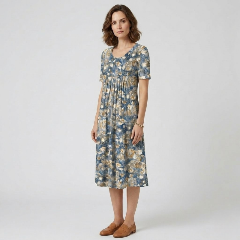 NOMU | Women's Floral Print Midi Dress – Short Sleeve Relaxed Fit