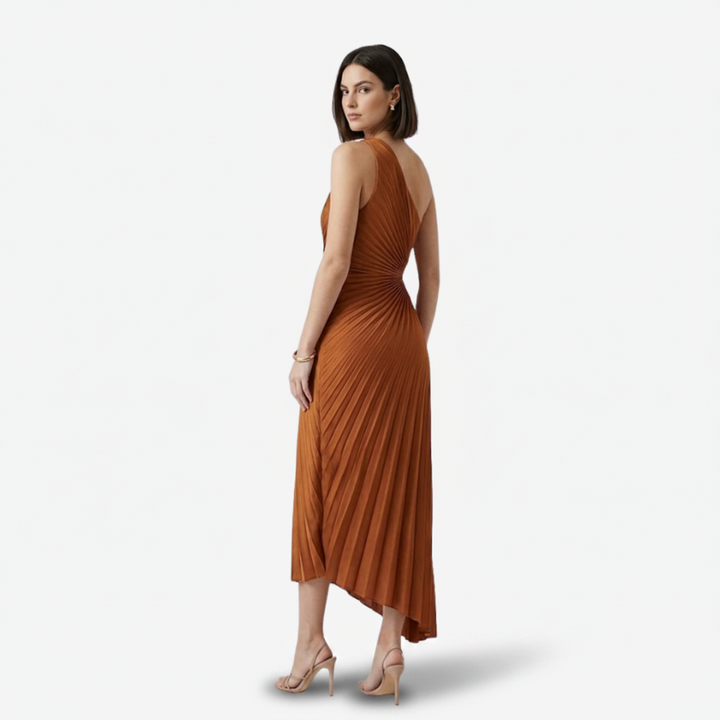 NOMU | Women's One-Shoulder Pleated Midi Dress – Elegant Asymmetrical Evening Dress