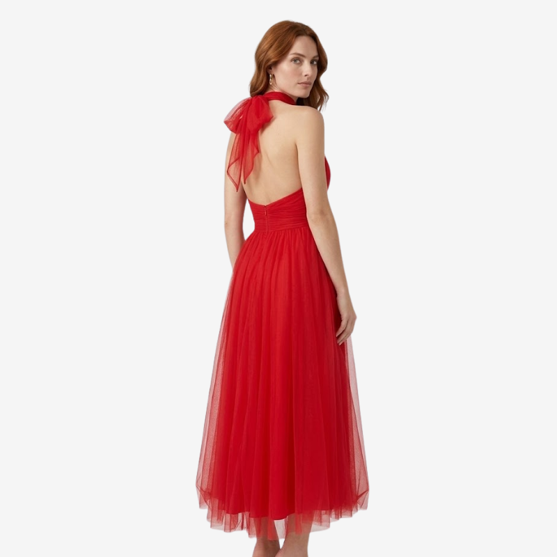NOMU | Women's Halter Neck Tulle Midi Dress – Elegant Sleeveless Princess Party Dress