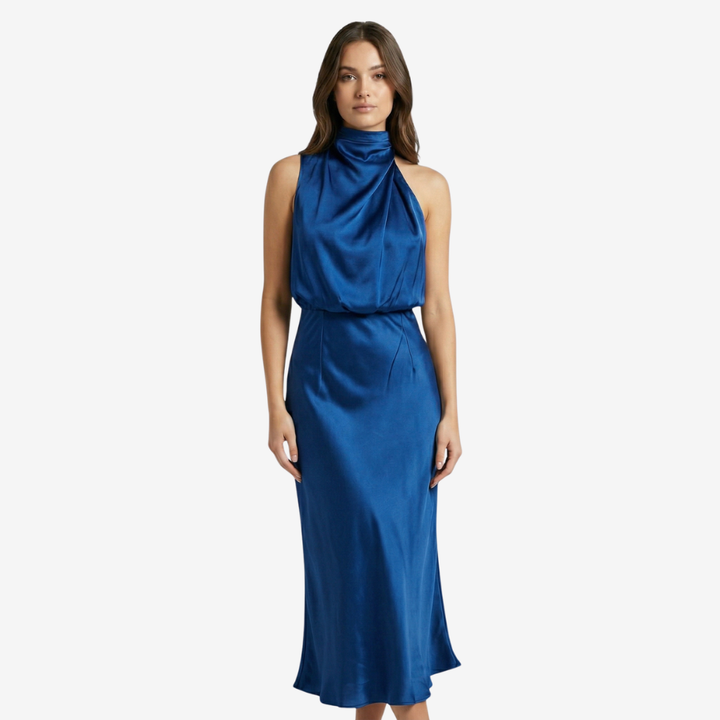 NOMU | Women's Satin High Neck Midi Dress – Elegant Sleeveless Evening Slip Dress