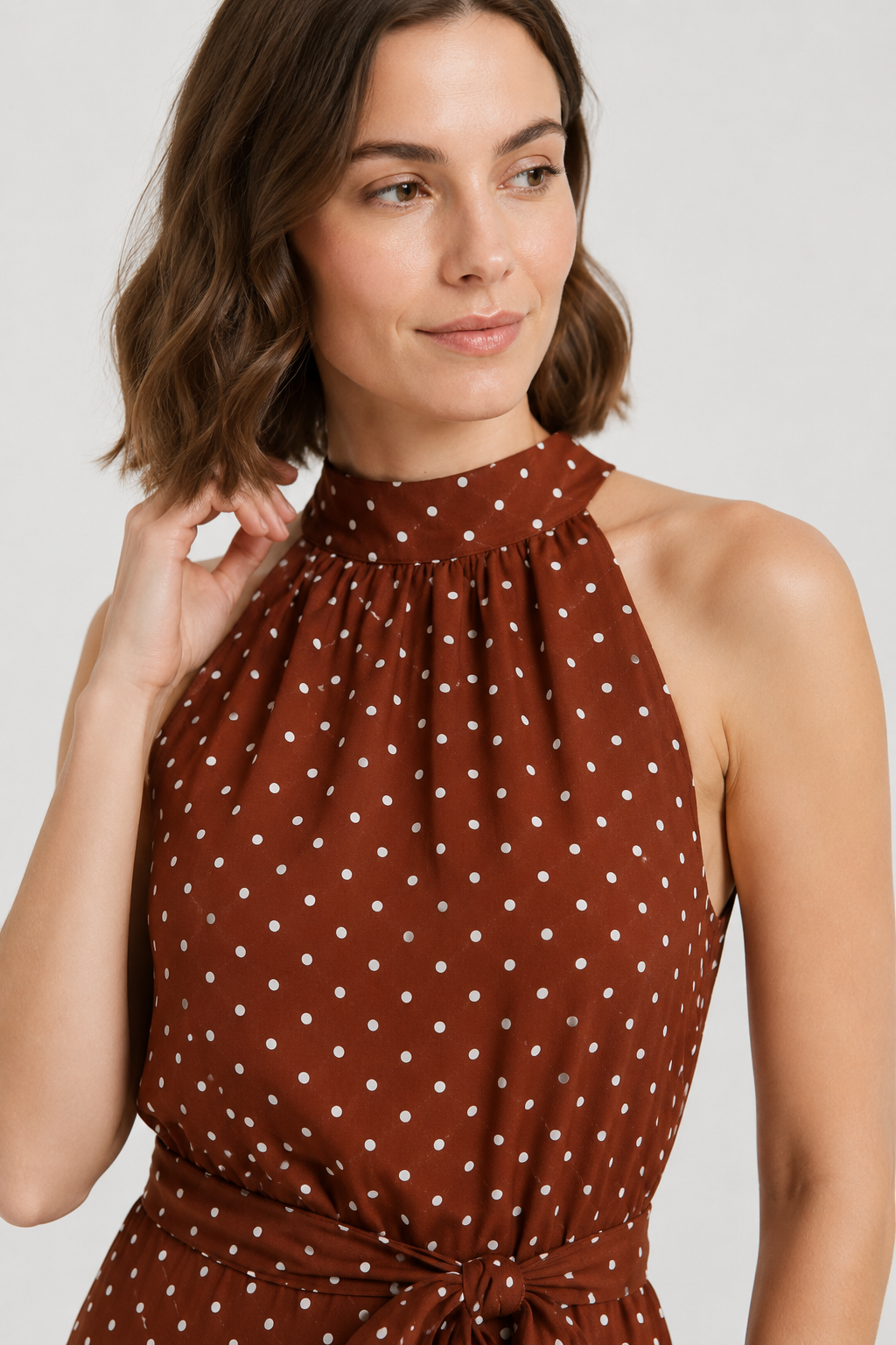 NOMU | Women's Polka Dot Halter Midi Dress – Elegant Sleeveless Tie Waist Dress