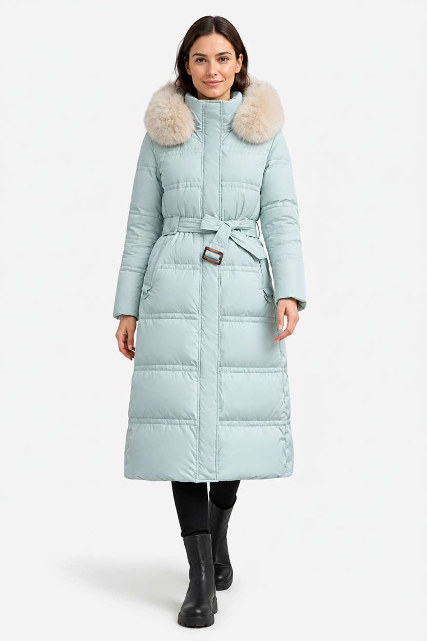 NOMU | Women's Long Puffer Coat – Fitted Waist with Fur Trim Hood