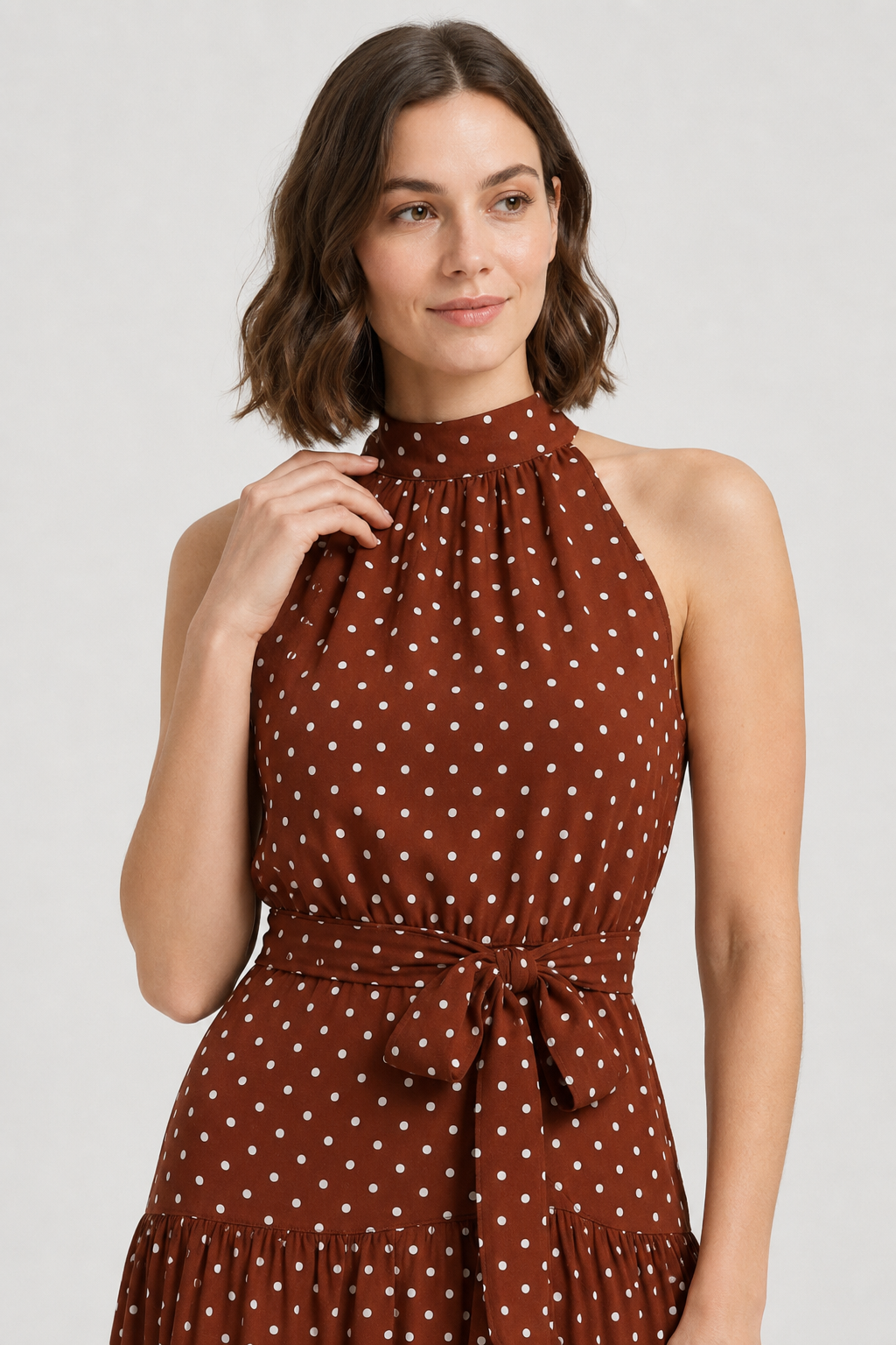 NOMU | Women's Polka Dot Halter Midi Dress – Elegant Sleeveless Tie Waist Dress