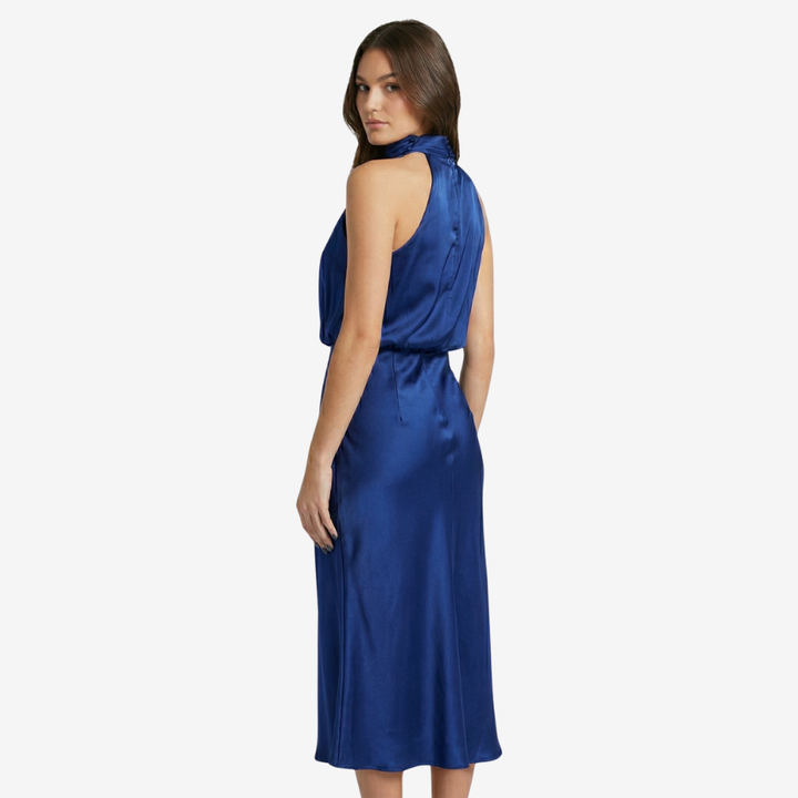 NOMU | Women's Satin High Neck Midi Dress – Elegant Sleeveless Evening Slip Dress