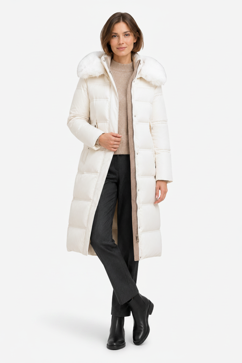 NOMU | Women's Long Puffer Coat – Fitted Waist with Fur Trim Hood