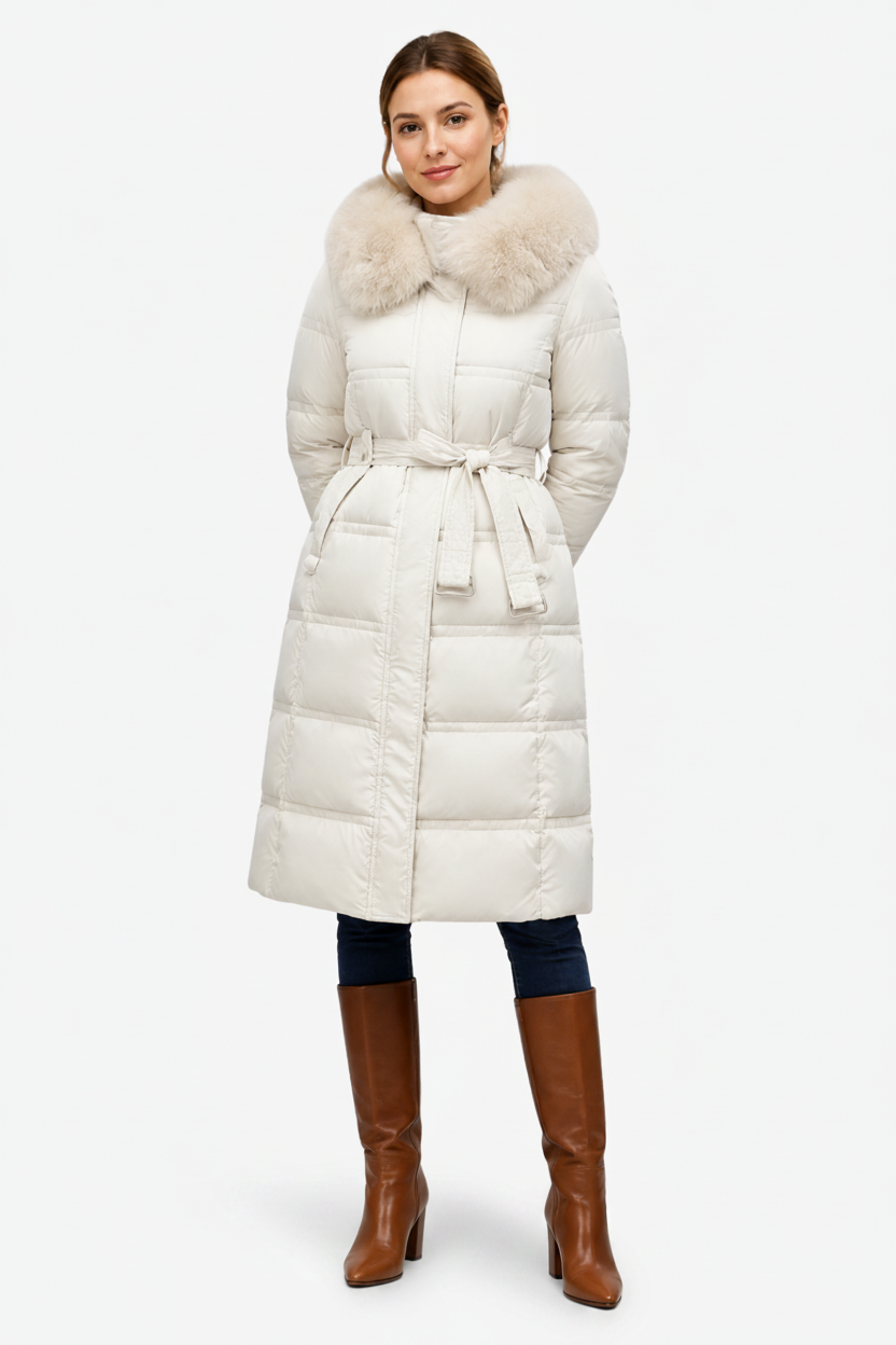 NOMU | Women's Long Puffer Coat – Fitted Waist with Fur Trim Hood
