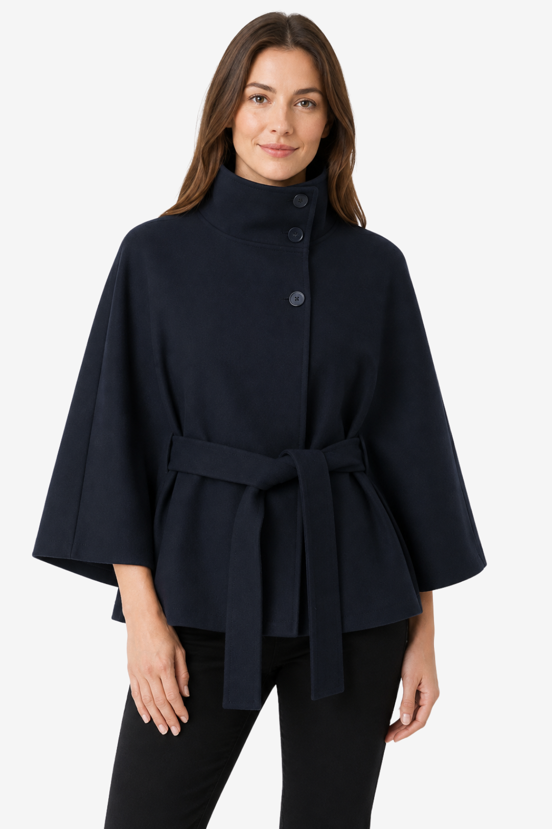 NOMU | Women's Belted Cape Coat – High Collar Wide Sleeve Design