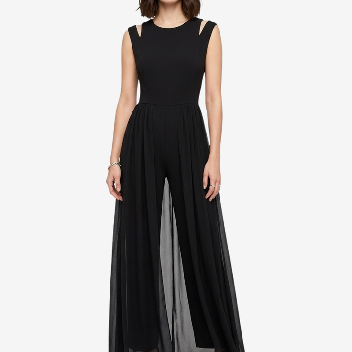NOMU | Women's Sleeveless Wide Leg Jumpsuit – Elegant Sheer Overlay Evening Jumpsuit