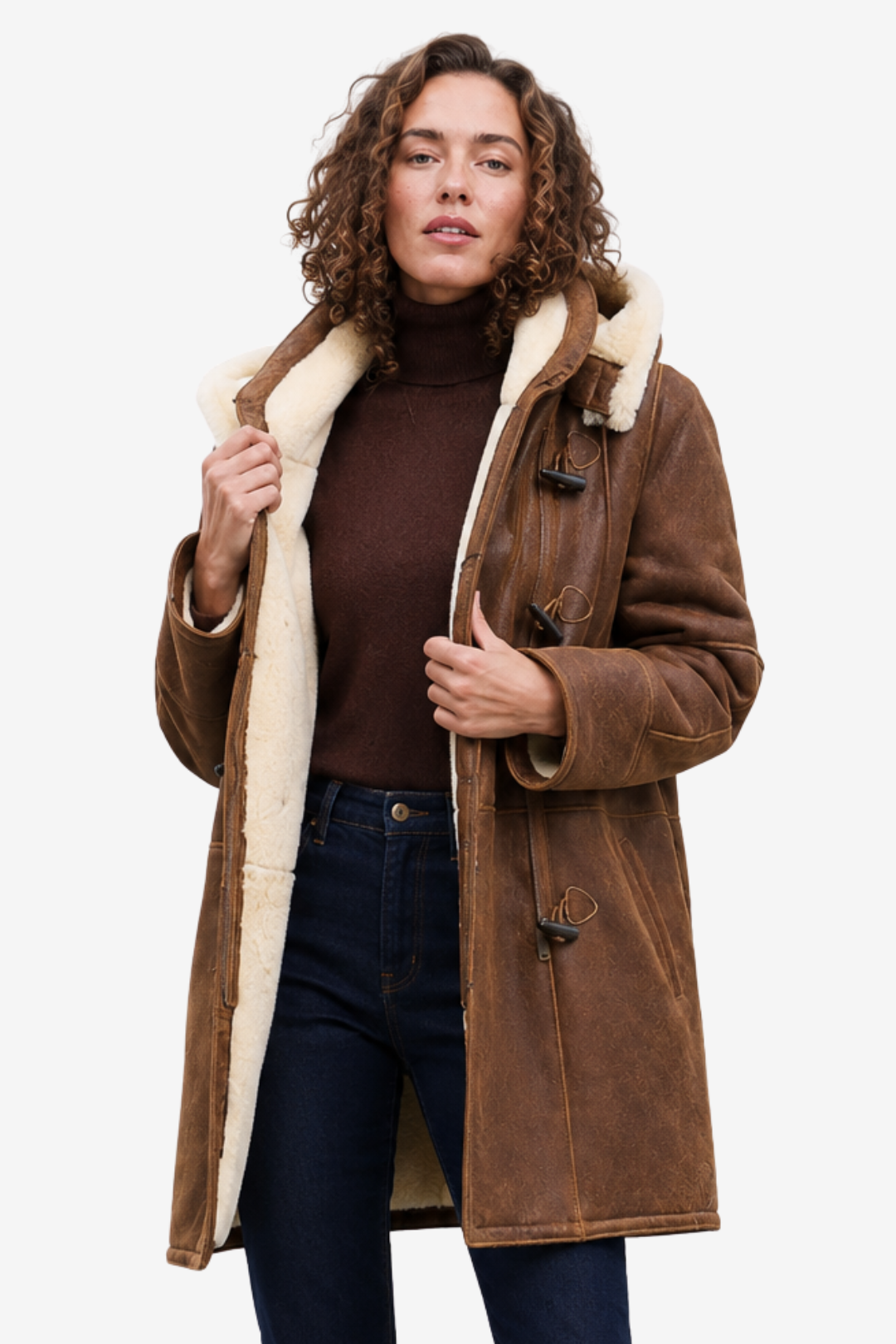 NOMU | Women's Shearling Coat – Hooded Toggle Front Longline Design