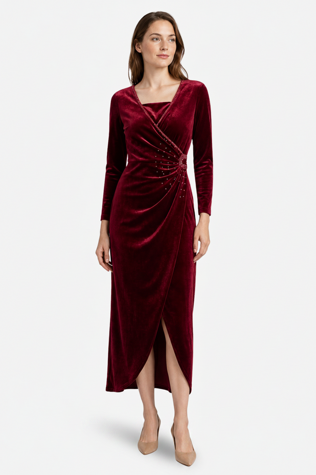 NOMU | Women's Velvet Wrap Midi Dress – Elegant Long Sleeve Rhinestone Evening Dress