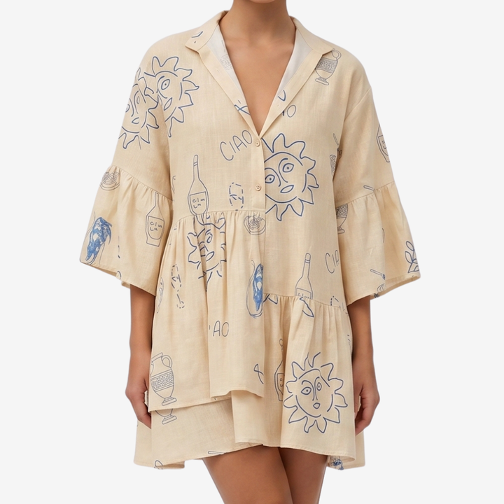 NOMU | Women's Printed Mini Dress – V Neck Button Front Tiered Loose Fit Design