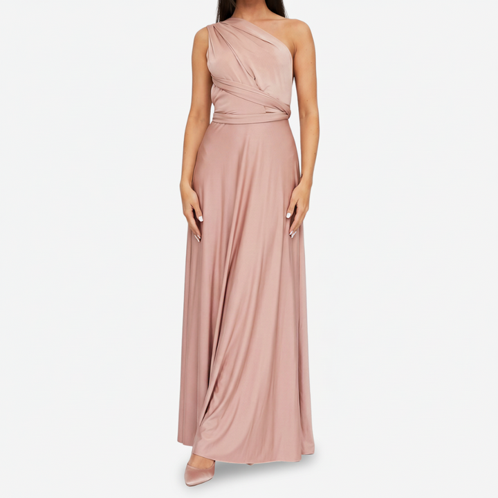 NOMU | Women's One Shoulder Maxi Dress – Sleeveless Draped Waist Relaxed Fit Design