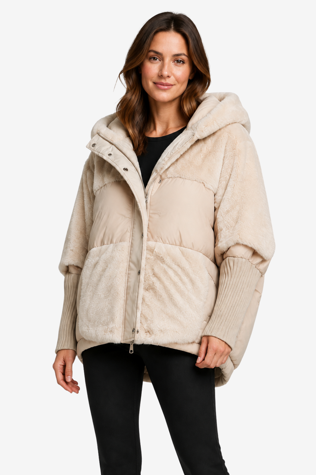 NOMU | Women's Long Quilted Cape – Faux Fur Collar and Ribbed Cuff Winter Design
