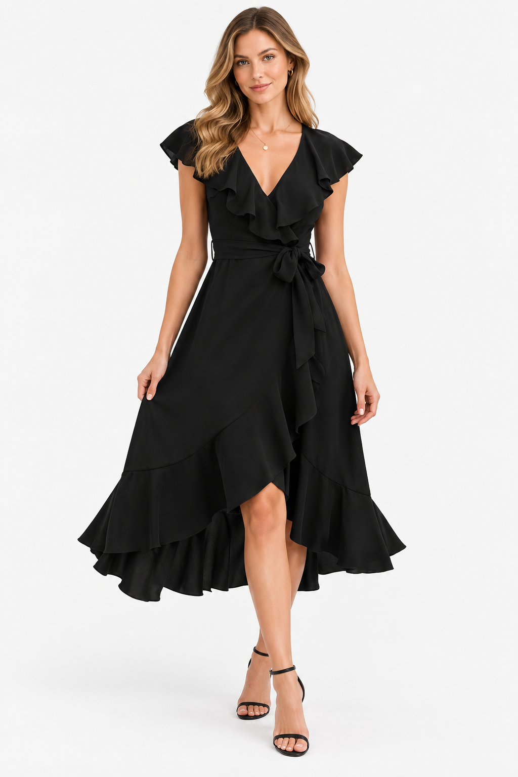 NOMU | Women's Printed High-Low Wrap Dress – Elegant Ruffle Sleeve Midi Dress