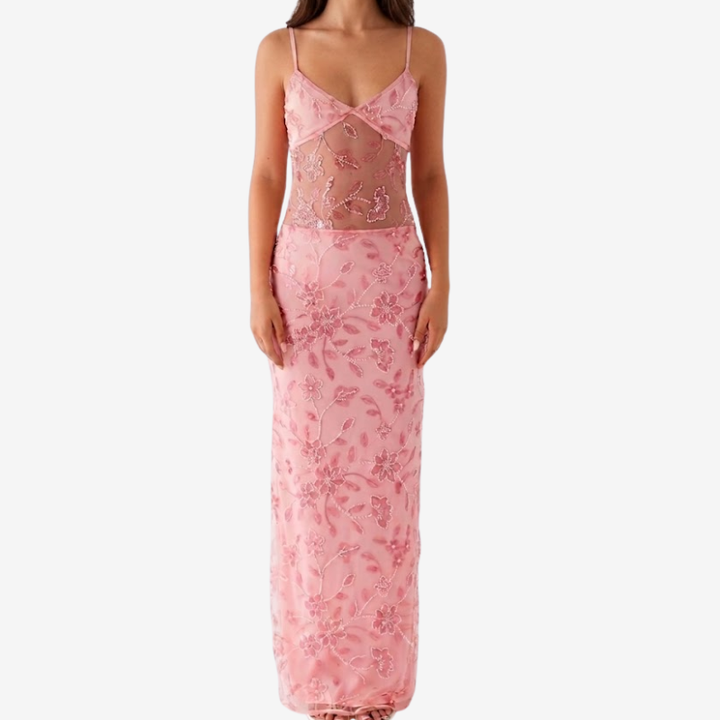 NOMU | Women's Embroidered Maxi Dress – Sleeveless Mesh Cut-Out Bodycon Design