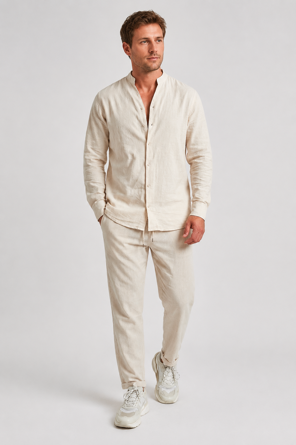 NOMU | Men's Mandarin Collar Linen Button-Down Set – Matching Pants & Drawstring Waist