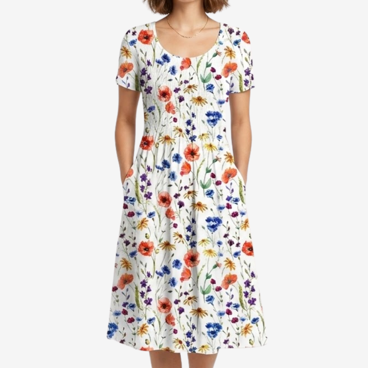 NOMU | Women's Floral Print Midi Dress – Short Sleeve Relaxed Fit