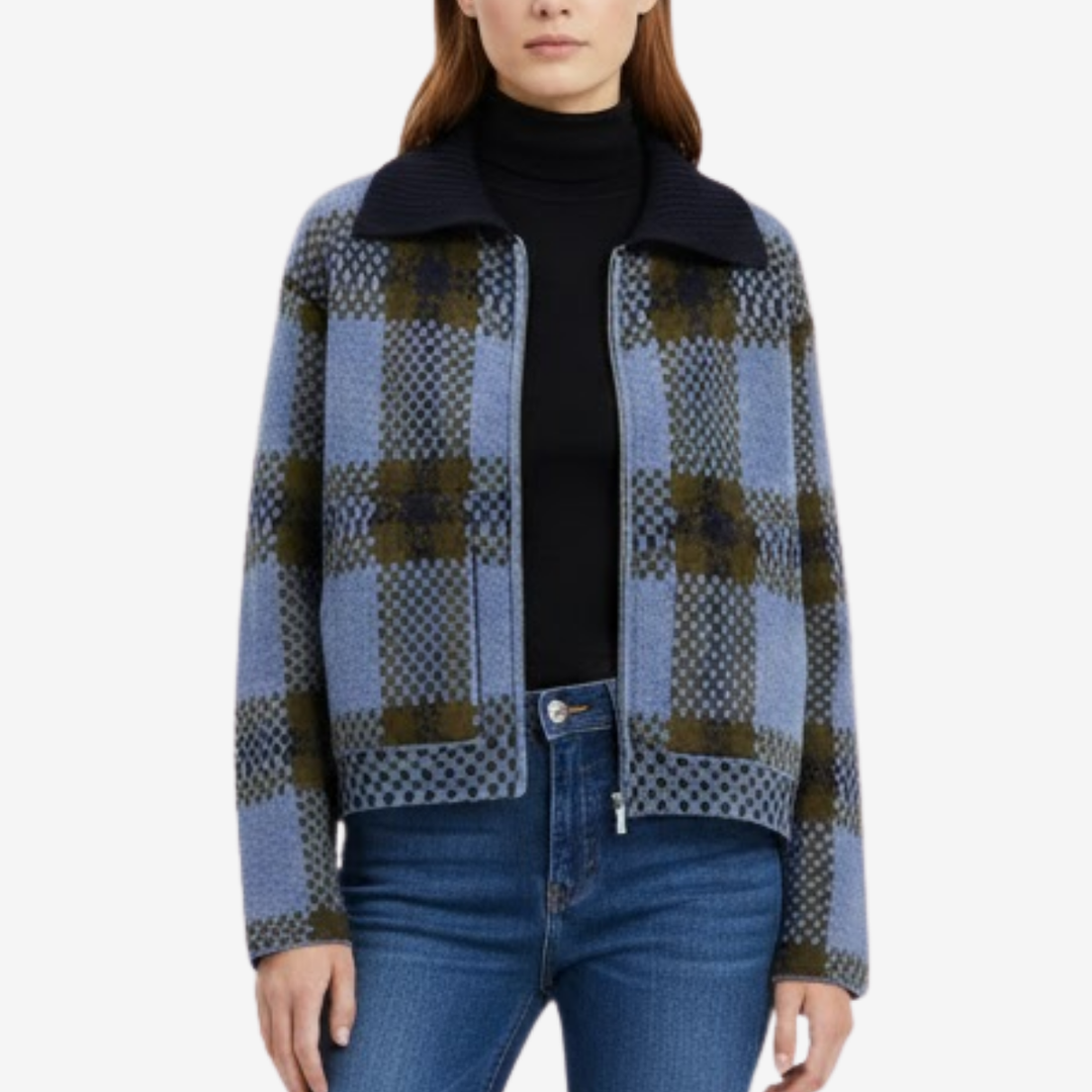NOMU | Women's Plaid Knit Zip-Up Jacket – Soft Checkered Cardigan Coat