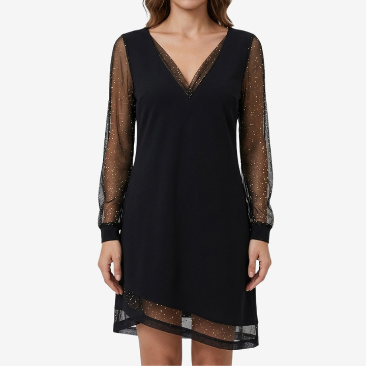 NOMU | Women's Glitter Mesh Sleeve Mini Dress – Elegant Long Sleeve V-Neck Party Dress