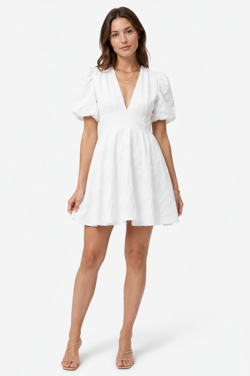 NOMU | Women's Mini Dress – V Neck Puff Sleeve A Line Design